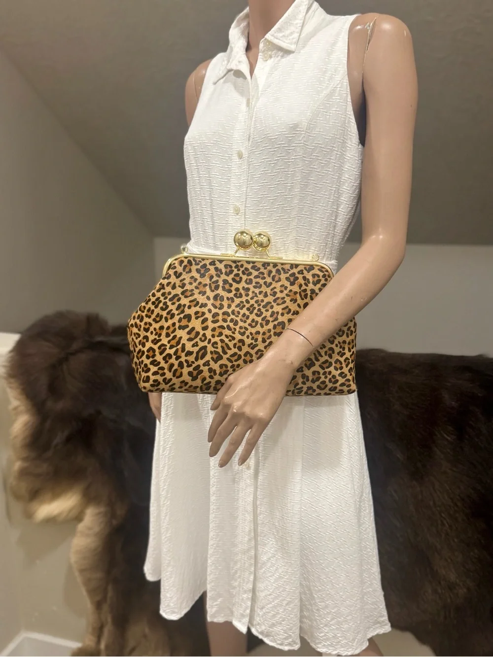Leopard Print Hair-on Cowhide Handmade Custom Kisslock Frame Bag, & 2 Straps